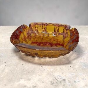 Vintage Libbey Amber Pebble Beach Glass Ashtray MCM Bubble Square Trinket Dish.